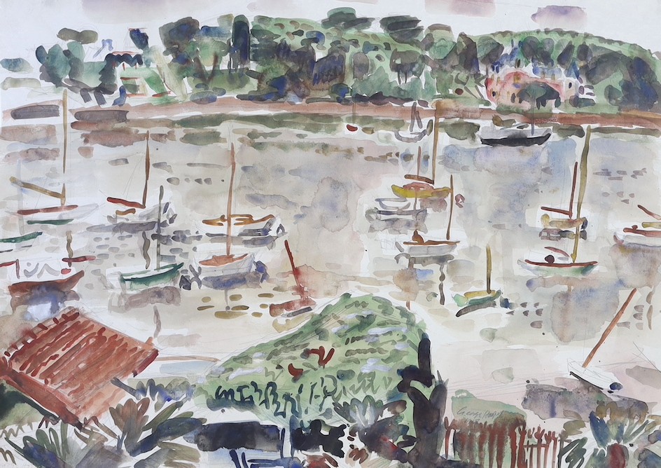 George Hooper (1910-1994), watercolour, Sailing boats on an estuary, signed in pencil and dated 1947, 55 x 76cm